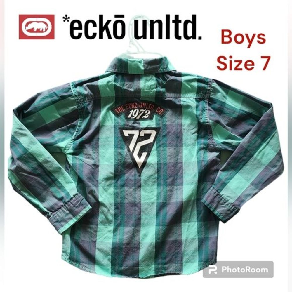 Ecko Unlimited Green Plaid Rhino 72 Boys Button Down Long Sleeve Shirt Size 7